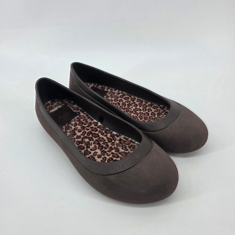 Crocs Alice Work Flat Brown‎ Leopard Faux Fur Lined Women Size 7 Slip On Shoes